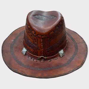 Vintange Leather handmade  fedora panama  eagle and silver detail